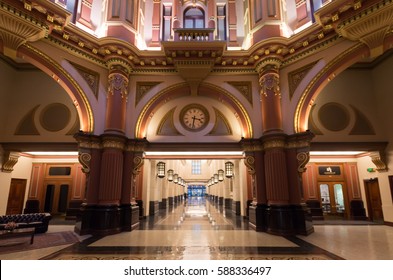Melbourne, Australia - February 23, 2017: the lobby of 333 Collins Street was formerly the Commercial Bank of Australia. The building around the heritage lobby was rebuilt in 1990.