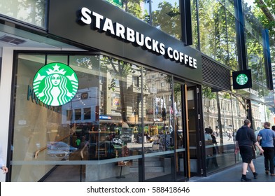 Melbourne, Australia - February 23, 2017: Starbucks Coffee is an American chain of coffee shops, founded in Seattle. The 385 Bourke Street store is inside the Galleria shopping mall.