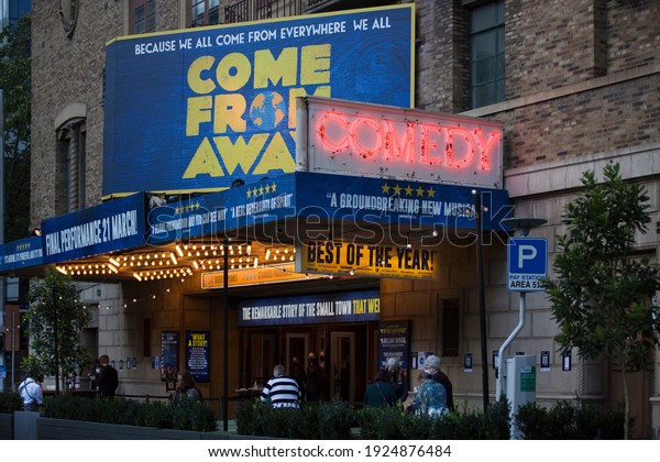 Melbourne, Australia - February 24, 2021: A\
twilight image of the Comedy  Theatre in Melbourne where the play,\
Come From Away, is now playing\
again.