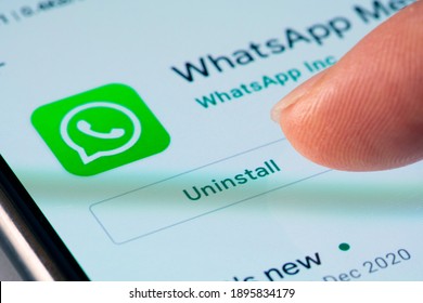 Melbourne, Australia - Jan 16, 2021: Close-up view of uninstalling WhatsApp app on a smartphone