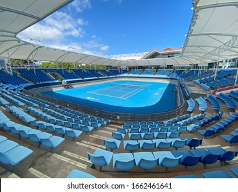 MELBOURNE, AUSTRALIA - JAN 2020: Wide Shot Of Empty Australian Open Tennis Court After Finished The Grand Slam Tour.