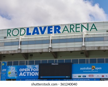 Melbourne, Australia - Jan 7, 2016: Close-up view of the sign of Rod Laver Arena in Melbourne, Australia. It is a multipurpose arena and the main venue for the Australian Open in tennis.