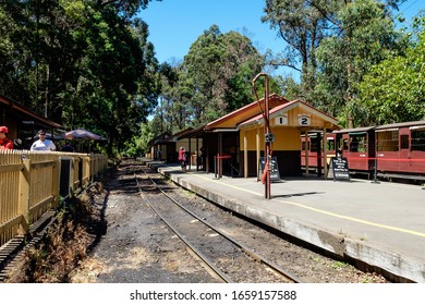 Melbourne. Australia - January 02, 2020: Tourists Were Waiting For Train At The Famous Puffing Billy's Train Station In The Middle Of Forest