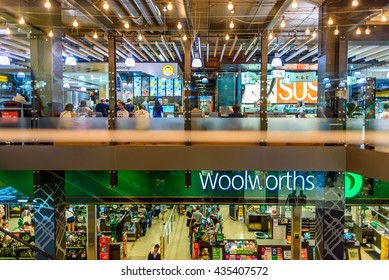 Melbourne, Australia, January 10, 2016: QV Shopping Center In Melbourne, People Shopping And Eating In The Food Court On Two Levels.