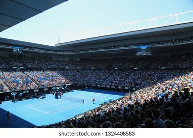 MELBOURNE, AUSTRALIA - JANUARY 22, 2019: Rod Laver arena during 2019 Australian Open match at Australian tennis center in Melbourne Park. It is the main venue for the Australian Open since 1988 