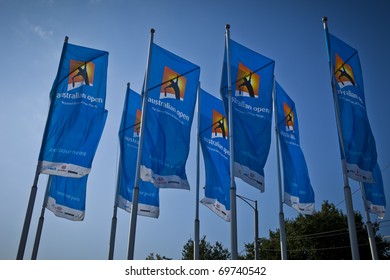 MELBOURNE, AUSTRALIA - JANUARY 22: Group of flags outside the Rod Laver Arena which holds the center court at the Australian Open, January 22, 2011 in Melbourne, Australia