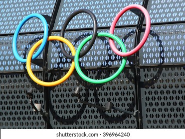 MELBOURNE, AUSTRALIA - JANUARY 23, 2016: Olympic Rings At Olympic Park In Melbourne, Australia. The 1956 Summer Olympics Were An International Multi-sport Event Which Was Held In Melbourne,  Australia