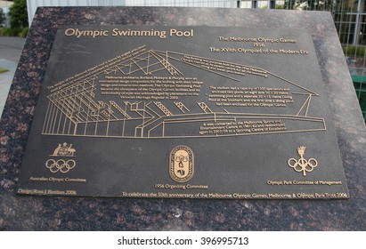 MELBOURNE, AUSTRALIA - JANUARY 23, 2016: Olympic Swimming Pool Sign At Olympic Park In Melbourne, Australia. The 1956 Summer Olympics Was Held In Melbourne, Victoria, Australia