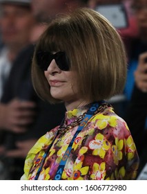 MELBOURNE, AUSTRALIA - JANUARY 23, 2019: Editor-in-chief of Vogue magazine Anna Wintour at the 2019 Australian Open during women's semifinal match at Rod Laver Arena in Melbourne Park