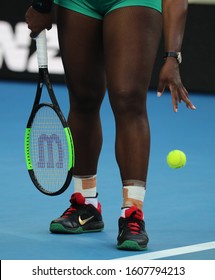 MELBOURNE, AUSTRALIA - JANUARY 23, 2019: 23-time Grand Slam Champion Serena Williams of United States plays with Wilson tennis racket during her match at 2019 Australian Open in Melbourne Park