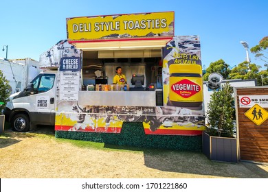 MELBOURNE, AUSTRALIA - JANUARY 23, 2019: Deli Style Toasties with Vegemite food truck during 2019 Australian Open in Melbourne Park. Vegemite is an iconic Australian food