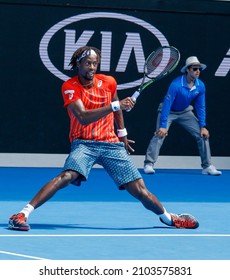 MELBOURNE, AUSTRALIA - JANUARY 24, 2016: Professional tennis player Gael Monfis of France in action during  2016 Australian Open round 4 match  in Melbourne Park