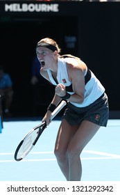 MELBOURNE, AUSTRALIA - JANUARY 24, 2019: Grand Slam Champion Petra Kvitova Of Czech Republic In Action During Her Semifinal Match At 2019 Australian Open In Melbourne Park