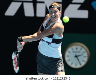 MELBOURNE, AUSTRALIA - JANUARY 24, 2019: Grand Slam Champion Petra Kvitova Of Czech Republic In Action During Her Semifinal Match At 2019 Australian Open In Melbourne Park