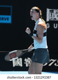 MELBOURNE, AUSTRALIA - JANUARY 24, 2019: Grand Slam Champion Petra Kvitova Of Czech Republic In Action During Her Semifinal Match At 2019 Australian Open In Melbourne Park