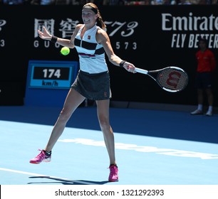 MELBOURNE, AUSTRALIA - JANUARY 24, 2019: Grand Slam Champion Petra Kvitova Of Czech Republic In Action During Her Semifinal Match At 2019 Australian Open In Melbourne Park