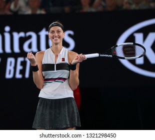 MELBOURNE, AUSTRALIA - JANUARY 24, 2019: Grand Slam Champion Petra Kvitova Of Czech Republic Celebrates Victory After Her Semifinal Match At 2019 Australian Open In Melbourne Park