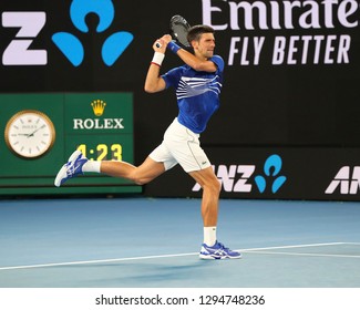 MELBOURNE, AUSTRALIA - JANUARY 25, 2019: 14 time Grand Slam Champion Novak Djokovic in action during his semifinal match at 2019 Australian Open in Melbourne Park