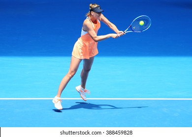 MELBOURNE, AUSTRALIA - JANUARY 26, 2016: Five times Grand Slam champion Maria Sharapova of Russia in action during quarterfinal match against Serena Williams at Australian Open 2016 at Rod Laver Arena