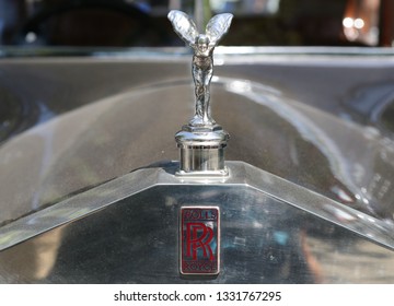 MELBOURNE, AUSTRALIA - JANUARY 26, 2019: Rolls Royce Hood Ornament And Emblem On Display At 2019 Royal Automobile Club Of Victoria Australia Day Heritage Vehicle Showcase In Melbourne