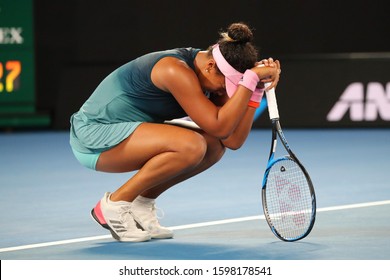 MELBOURNE, AUSTRALIA - JANUARY 26, 2019: Grand Slam Champion Naomi Osaka Of Japan In Action During Her Final Match Against Petra Kvitova At 2019 Australian Open In Melbourne Park