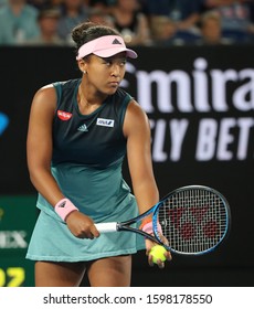 MELBOURNE, AUSTRALIA - JANUARY 26, 2019: Grand Slam Champion Naomi Osaka Of Japan In Action During Her Final Match Against Petra Kvitova At 2019 Australian Open In Melbourne Park