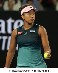 MELBOURNE, AUSTRALIA - JANUARY 26, 2019: Grand Slam Champion Naomi Osaka Of Japan In Action During Her Final Match Against Petra Kvitova At 2019 Australian Open In Melbourne Park