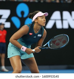 MELBOURNE, AUSTRALIA - JANUARY 26, 2019: Grand Slam Champion Naomi Osaka Of Japan In Action During Her Final Match Against Petra Kvitova At 2019 Australian Open In Melbourne Park