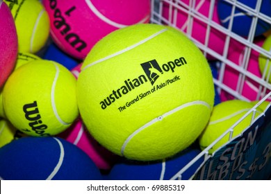 MELBOURNE, AUSTRALIA - JANUARY 26: Novelty tennis balls for sale at the Rod Laver Arena which holds the center court at the Australian Open, January 26, 2011 in Melbourne, Australia