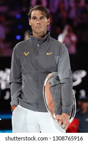 MELBOURNE, AUSTRALIA - JANUARY 27, 2019: 2019 Australian Open finalist Rafael Nadal of Spain during trophy presentation after men's final match at Rod Laver Arena in Melbourne Park