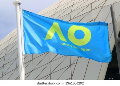 MELBOURNE, AUSTRALIA - JANUARY 27, 2019: The Australian Open flag during 2019 Australian Open in Melbourne Park