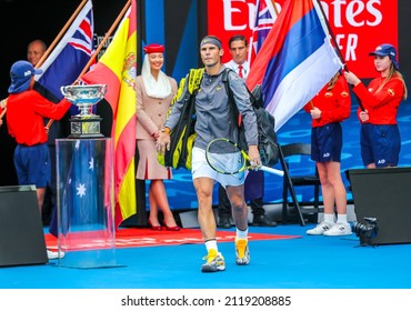 MELBOURNE, AUSTRALIA - JANUARY 27, 2019: 2019 Australian Open finalist Rafael Nadal of Spain enters Rod Laver Arena before men's final match against Novak Djokovic of Serbia in Melbourne Park