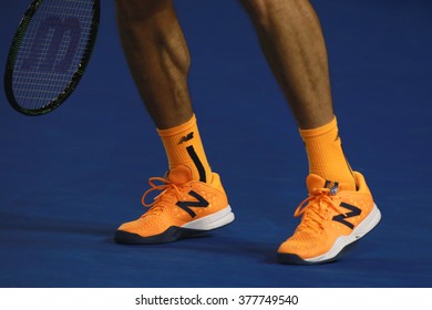 MELBOURNE, AUSTRALIA - JANUARY 29, 2016: Professional tennis player Milos Raonic of Canada wears custom New Balance tennis shoes during Australian Open 2016 semifinal match at Rod Laver Arena 