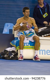 MELBOURNE, AUSTRALIA - JANUARY 29: Australian Open Men's Final, Novak Djokovic of Serbia who defeated Rafael Nadal of Spain on January 29, 2012 in Melbourne, Australia