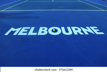 MELBOURNE, AUSTRALIA - JANUARY 31, 2016: Iconic Melbourne sign at Rod Laver Arena with Wilson tennis ball with Australian Open logo at Australian tennis center in Melbourne Park