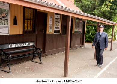 Melbourne, Australia - January 7, 2009: Stationmaster Waiting For The Arrival Of The Steam Train On The Puffing Billy Platform