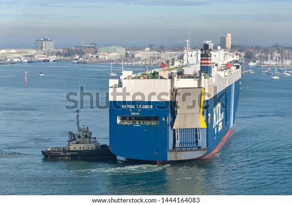 Melbourne, Australia -\
July 05: Car carrier ship in port of Melbourne on July 05, 2019 in\
Melbourne,\
Australia.