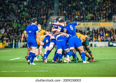 MELBOURNE, AUSTRALIA - JULY 13 2021: A Scrum Is Played In The International Test Match Between The Australian Wallabies And France At AAMI Park On July 13, 2021 In Melbourne, Australia