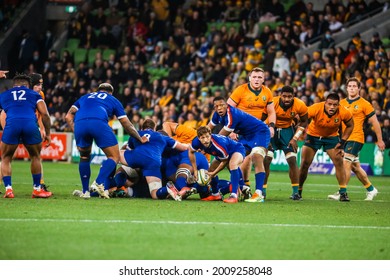 MELBOURNE, AUSTRALIA - JULY 13 2021: A Scrum Is Played In The International Test Match Between The Australian Wallabies And France At AAMI Park On July 13, 2021 In Melbourne, Australia