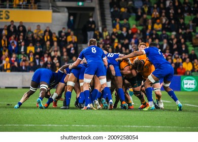 MELBOURNE, AUSTRALIA - JULY 13 2021: A Scrum Is Played In The International Test Match Between The Australian Wallabies And France At AAMI Park On July 13, 2021 In Melbourne, Australia