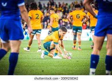 MELBOURNE, AUSTRALIA - JULY 13 2021: Noah Lolesio Of The Wallabies Kicks For Goal In The International Test Match Between The Australian Wallabies And France At AAMI Park