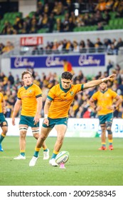 MELBOURNE, AUSTRALIA - JULY 13 2021: Noah Lolesio Of The Wallabies Kicks For Goal In The International Test Match Between The Australian Wallabies And France At AAMI Park