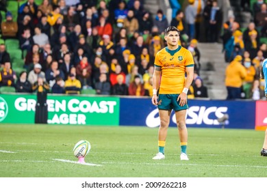 MELBOURNE, AUSTRALIA - JULY 13 2021: Noah Lolesio Of The Wallabies Prepares To Kick For Goal In The International Test Match Between The Australian Wallabies And France At AAMI Park