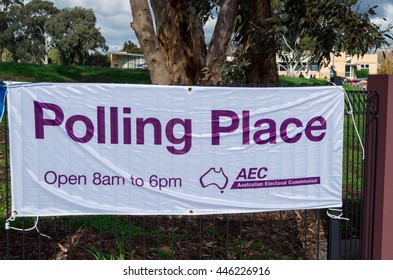 Melbourne, Australia - July 2, 2016: An Australian Electoral Commission Sign Outside A Polling Station At Mullauna College In Mitcham In The Electorate Of Deakin, On Federal Election Day.