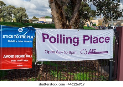 Melbourne, Australia - July 2, 2016: An Australian Electoral Commission Sign Outside A Polling Station At Mullauna College In Mitcham In The Electorate Of Deakin, On Federal Election Day.