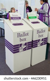 Melbourne, Australia - July 2, 2016: Ballot Boxes And Australian Electoral Commission Staff Inside A Polling Place At Mullauna College, MItcham In The Electorate Of Deakin On Federal Election Day.