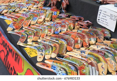 MELBOURNE AUSTRALIA - JULY 2, 2017: Aboriginal Boomerang Sold At Queen Victoria Market.