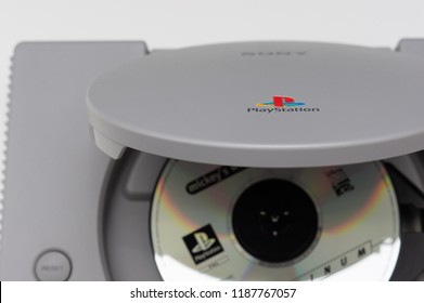 Melbourne, Australia - July 23rd 2018: Game Disk Sits In Sony's Original PlayStation Console