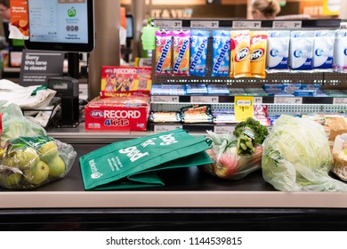 Melbourne, Australia - July 25, 2018: Snack Foods Displayed Near The Checkout Counter In Woolworths.