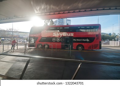 MELBOURNE, AUSTRALIA - JULY 26, 2018: Big Red Double Deckers Sky Bus From Melbourne Airport To City Center